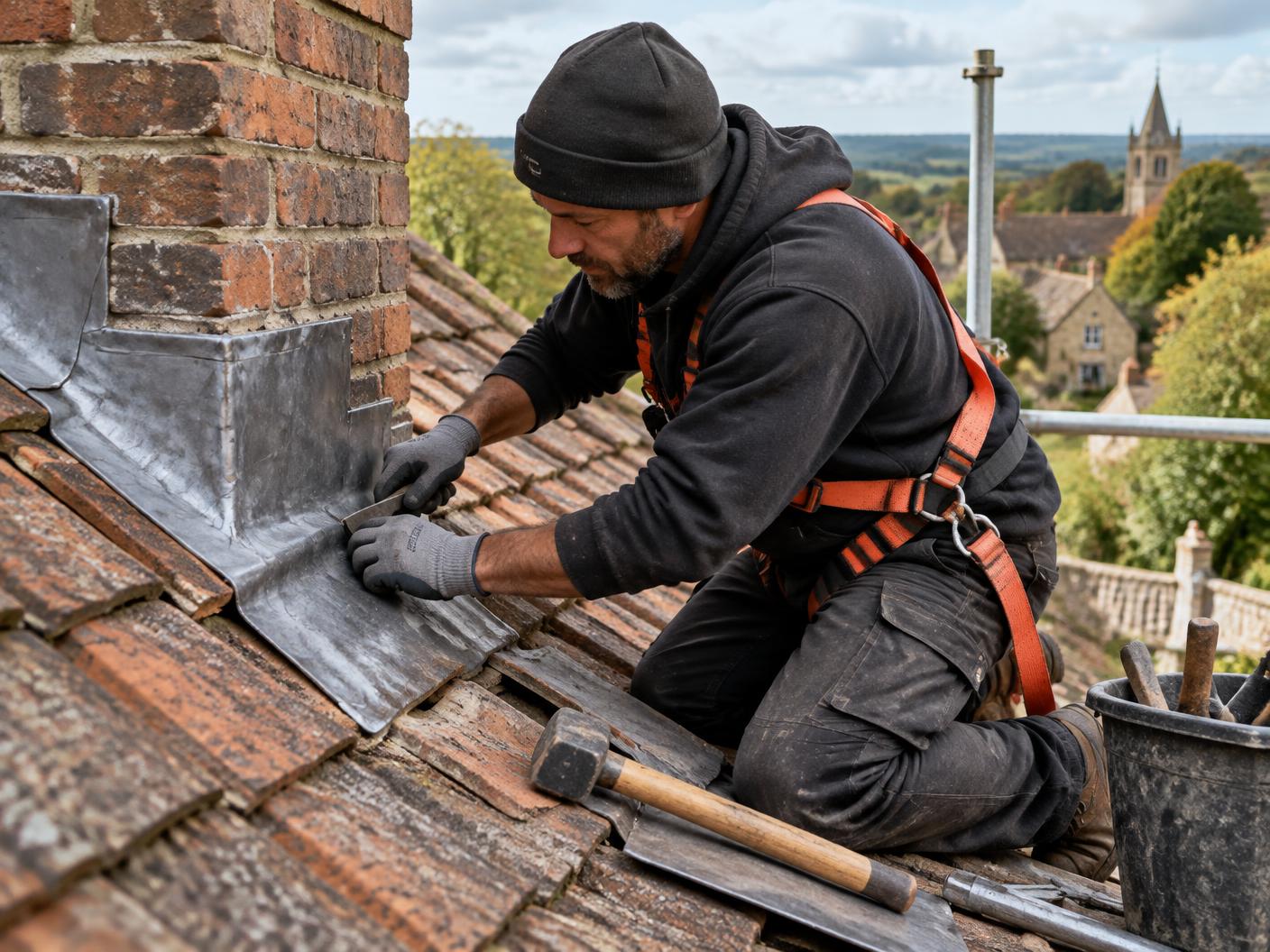 Roofer working carefully on lead flashing and roof tiles